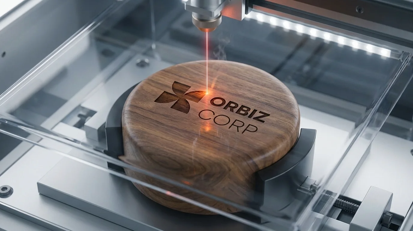 Orbiz Corp logo being laser engraved into a wooden product